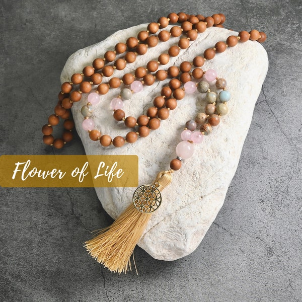 Gemstone Necklace & Mala - FLOWER OF LIFE - Flower of Life Charm - Jewelry Necklace  Mala 108 Beads Meditation Necklace happy Charm