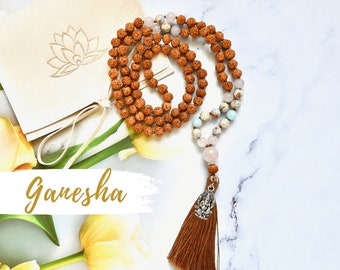 GANESHA Mala Kette - Rudraksha Rosenquarz Mala - Meditationskette -Gebetskette - Geschenk Sie Er - Glücksbringer - buddhistische Gebetskette