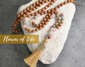 Mala Necklace FLOWER OF LIFE - Flower of Life Charm - Sandalwood Gemstone Jewelry Necklace 108 Beads Mala Meditation Necklace