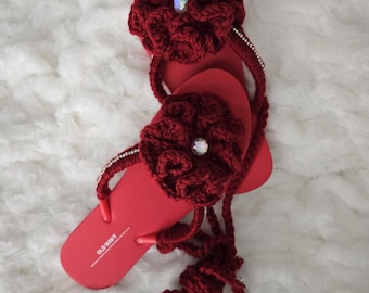 Handmade Flower Crochet Sandals Size 10 | Red Strappy Boho Flip Flops