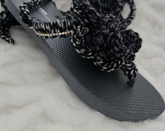 Handmade Flower Crochet Sandals Size 10 | Black Strappy Boho Flip Flops