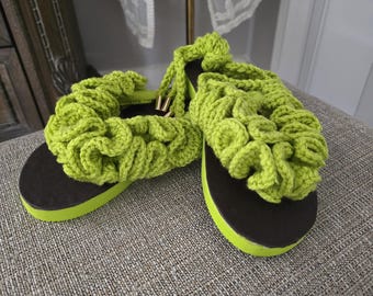 Handmade Ruffle Crochet Sandals Size 9/10 - Boho Lime Green Flip Flops