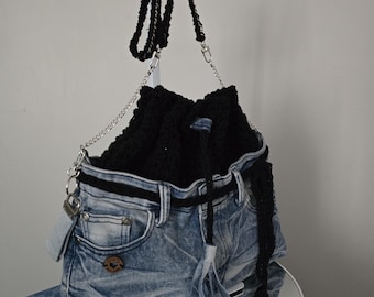 Upcycled Denim and Black Crochet Drawstring Shoulder Bag | Matching Keychain