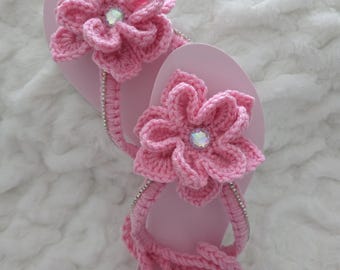 Handmade Flower Crochet Sandals Size 10 - Pink Strappy Boho Flip Flops
