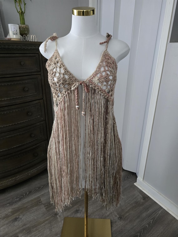 Bohemian Fringe Crochet Beach Top:  Adjustable Straps - Cotton Yarn - Breathable