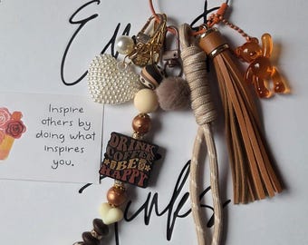 Maximalist Coffee Bag Charm | Drink Coffee Be Happy Keyring | Latte Inspired Purse Accessory