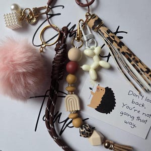 May include: A selection of keyrings with diverse charms. Features a pink fluffy pom-pom, a pearl-covered cube, a balloon animal, and a leopard print tassel. Other charms include wooden beads and a small card with a hedgehog illustration and text.
