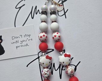 Red White Kitty Phone Charm Wristlet – Silicone Heart Bead Lanyard Strap