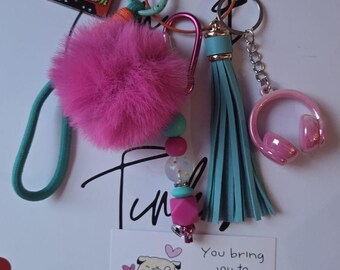Retro Music Bag Charm with Faux Fur Pom Pom & Tassels