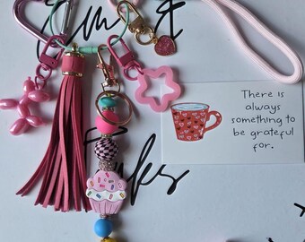 Sweet Treat Cupcake Keychain Bag Charm with Pink Heart & Balloon Dog Charm Wristlet