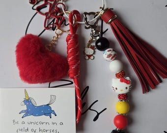Kitty Cat Inspired Bag Charm | Kawaii Wristlet with Tassel and Bow Silicone Beaded Keychain
