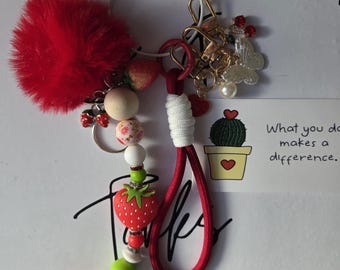 Strawberry Bag Charm – Beaded Lanyard, Pom Pom & Butterfly