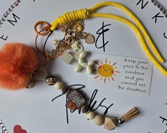 Coffee and Sunshine Keychain Lanyard, Hand-Beaded Wristlet with Balloon Dog Charm & Orange Pom Pom