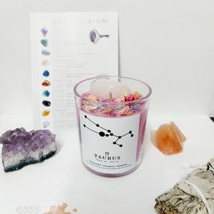 Taurus zodiac candle, hand made, crystal candle, crystal healing, meditation, birthday gift, gifts for her, astrology, valentines day