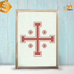 May include: A framed print of a red cross with four smaller crosses on each corner, on a white background.
