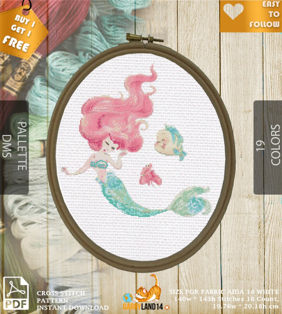 The Little Mermaid, Cartoon Cross Stitch Pattern Pdf, Embroidery Kits ...