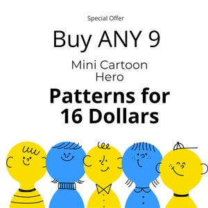 Buy ANY 9 Patterns for 16 Dollars, Cartoon Cross Stitch Pattern pdf, Stitch Design, Digital download, Gift for a child, Mini Cartoon Hero