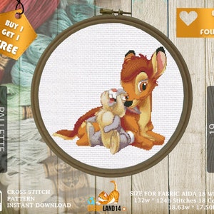 Disegno da ricamo Bambi, schema punto croce cartone animato in formato PDF, mini punto croce, regalo per un bambino, kit per ricamo, mini eroe dei cartoni animati