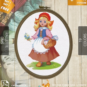 May include: A cross-stitch pattern depicting a girl in a red cap and brown dress, holding flowers and a basket, framed in a wooden hoop. The text "BUY 1 GET 1 FREE" is visible. The pattern size is 14.68cm x 22.44cm.
