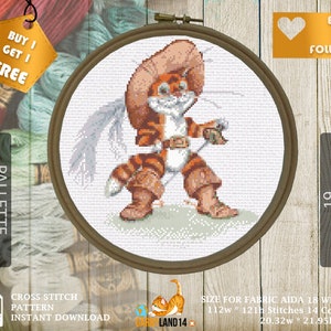 Der gestiefelte Kater сartoon Kreuzstich Muster pdf, Stitch Design, digitaler Download, Geschenk für ein Kind, Mini Cartoon Held, Cross Designs