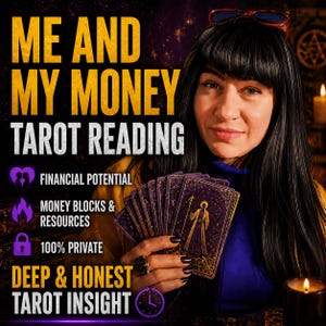 May include: An image promoting a tarot reading service. The text reads "ME AND MY MONEY TAROT READING" with additional text about financial potential, money blocks, and private insight. A person holds tarot cards, with a candle in the background.