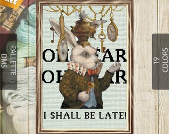 Weißes Kaninchen Kreuzstich Muster - Alice im Wunderland PDF, süßes Kaninchen Stickerei, moderne Fantasy Nadelspitze, sofort Download
