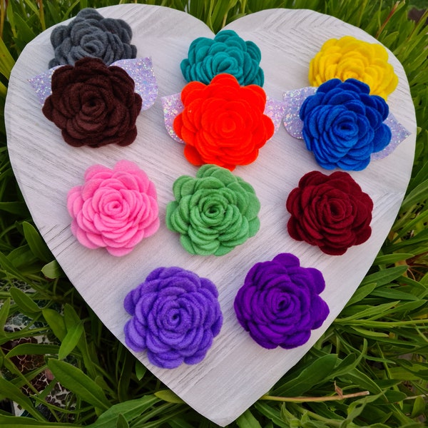 These pretty felt roses can come with or without super sparkly leaves. They come in a large variety of colours