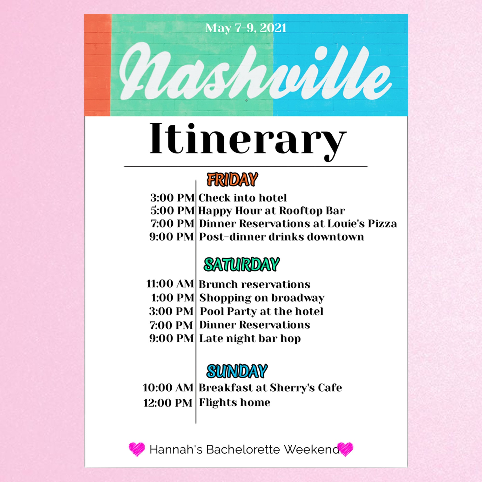 Buy Nashville Mural Party Itinerary Template for Bachelorette Parties ...