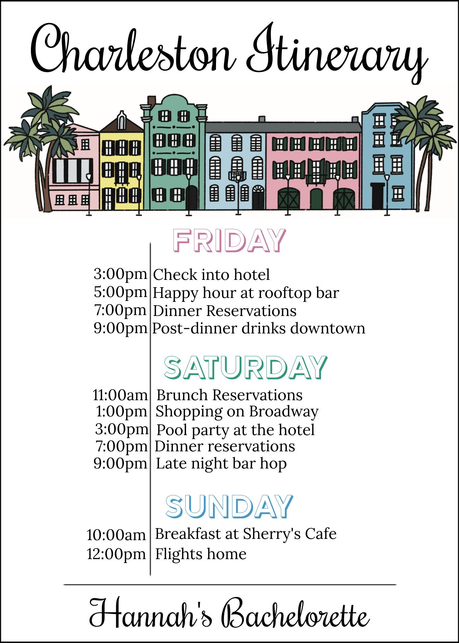 Charleston Itinerary Template for Bachelorette Parties, Birthday ...