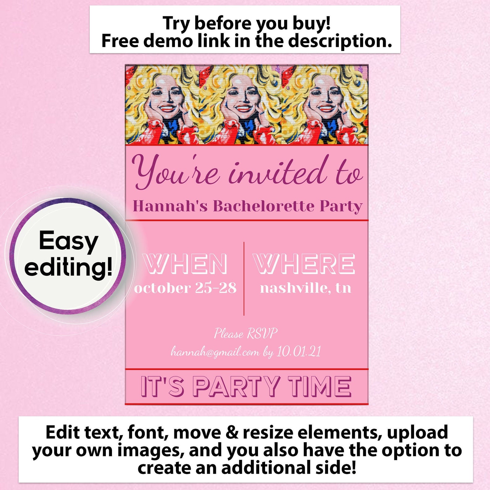 Dolly Parton Party Invitation for Bachelorette Parties, Birthday