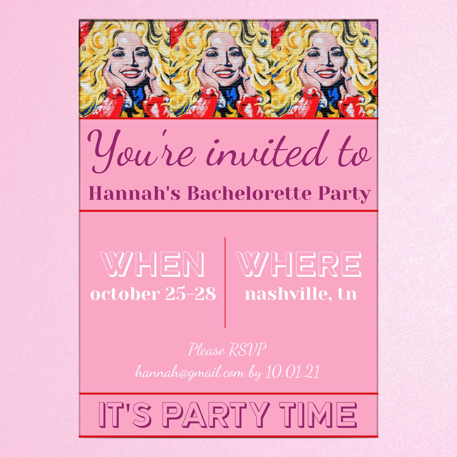 Dolly Parton Party Invitation for Bachelorette Parties, Birthday