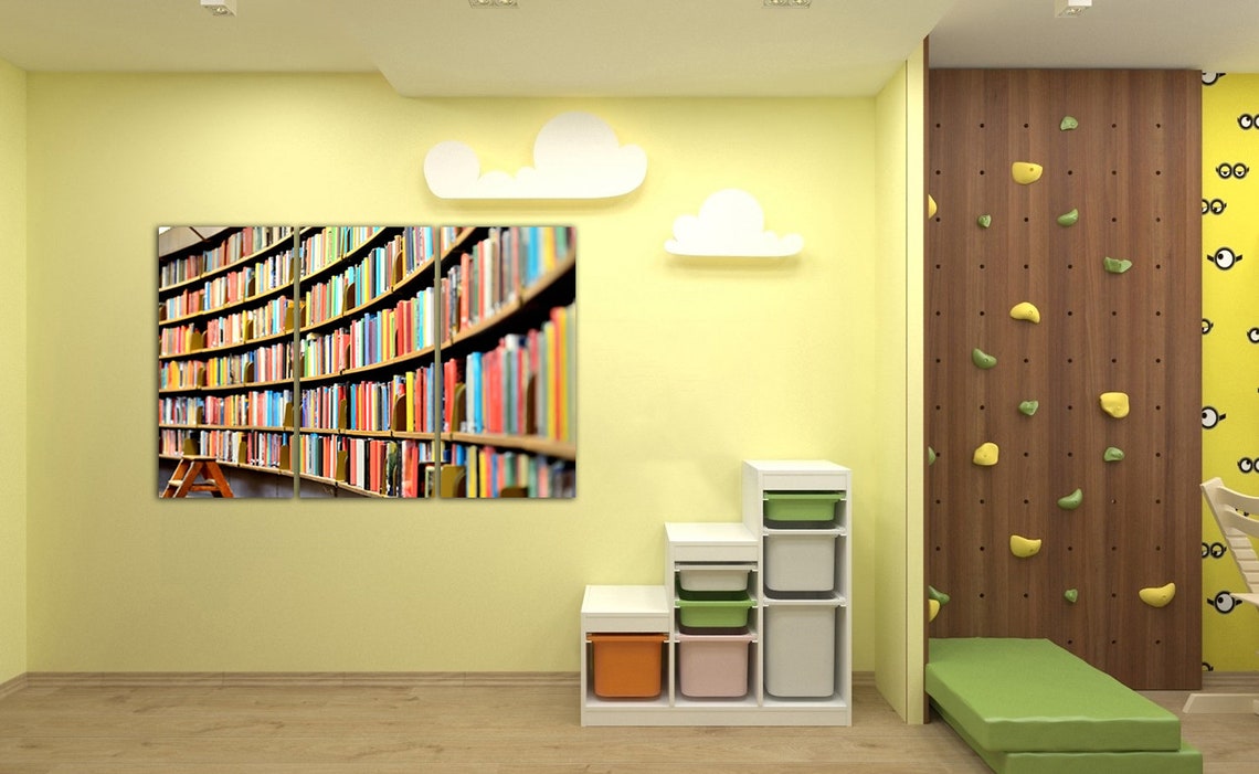 Bookshelf Wall Art Library Canvas Colorful Book Art Vintage Etsy UK