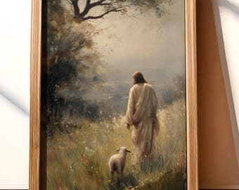 Jesus Leaves The 99, Christian Good Shepherd Artwork, Lost Sheep Parable, Boho Christian Landscape wall art, Bible verse, Digital Download
