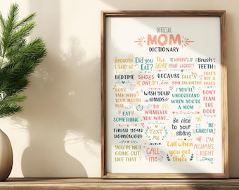 Funny Mom Quotes Wall Art Printable, Official Mom Dictionary Poster, Mother's Day Gift, Funny Mom Sayings Print, Home Decor Wall Art