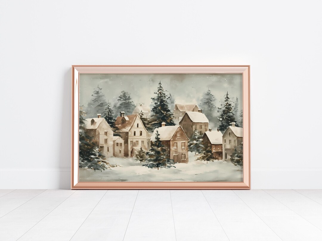 Winter Village Wall Art Printable Rustic Christmas Decor Snowy Holiday ...