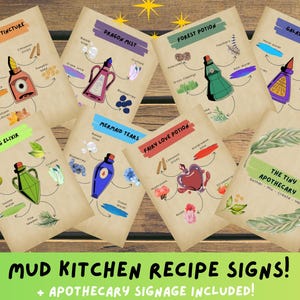 May include: A collection of eight apothecary recipe signs on aged paper, featuring colorful illustrations and handwritten text. The signs include recipes for potions like "Big Foot Tincture" and "Galaxy Brew". The bottom banner reads "Mud Kitchen Recipe Signs!"