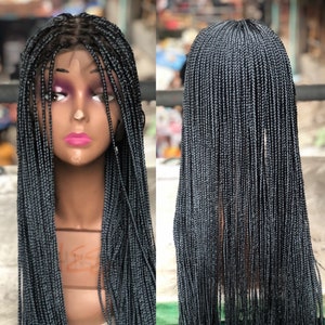 May include: A black micro braid wig with a lace front. The wig is styled in long, straight braids.