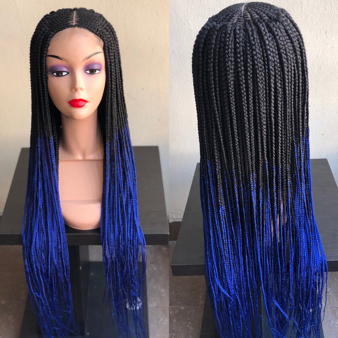 Braided Wig Handmade Black and Blue Ombré Braids Wig Closure 