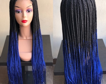 Braided wig handmade black and blue ombré braids wig closure finish free shipping