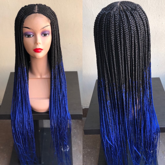 Braided Wig Handmade Black and Blue Ombré Braids Wig Closure  display picture 2
