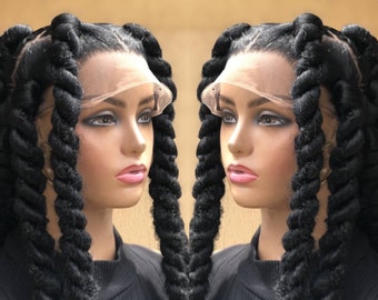 May include: A black wig with long, thick braids. The wig is styled with two braids on each side of the head, and the braids are tied together at the back of the head.