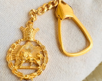 Llavero de león y sol persas, plata de ley 925 bañada en oro, inspirado en Pahlavi Shah, fabricado en Turquía.