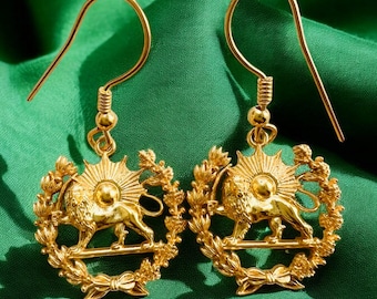 22K Gold Plated Lion & Sun Earrings: Persian Silver Earrings,Made in Turkey