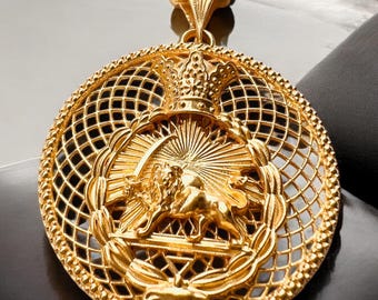 Pendentif Or 22 Carats Moyen-Orient - Lion Impérial Et Soleil Persan Tressé - Neuf Avec étiquettes