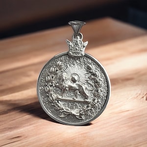 Made in turkey imperial lion & sun coat of arm persia persian farvahar pahlavi shah 925 sterling silver pendant necklace,mythology mens gift