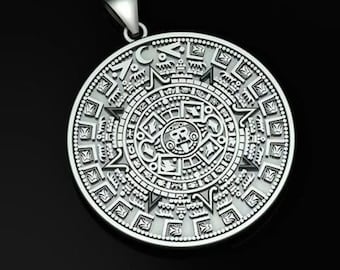 Maya Aztec Calender Necklaces Pendant Sterling Silver 925,925 Serling Silver Round Aztec Mayan Calendar Charm Pendant Necklace