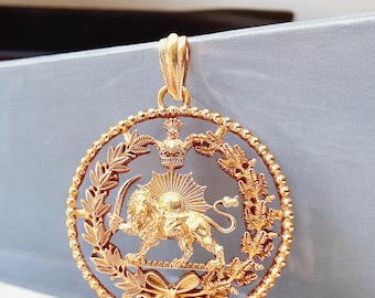 Made in Turkey 22k gold plaited imperial lion & sun coat of arm persian farvahar pahlavi shah 925k silver pendant necklace,mythology gift