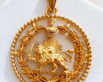 22k Gold Plated Pahlavi Lion & Sun Pendant Persian Persia Farvahar Necklace,