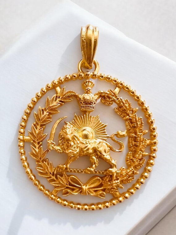 22k Gold Plated Pahlavi Lion & Sun Pendant Persian Persia Farvahar Necklace,