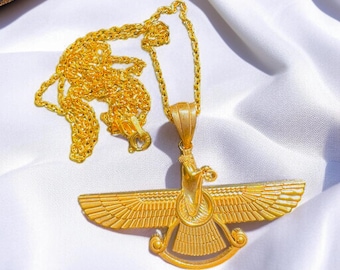 Gold Plated Farvahar Pendant – 925 Sterling Silver Persian Zoroastrian Necklace, Ancient Symbol Amulet
